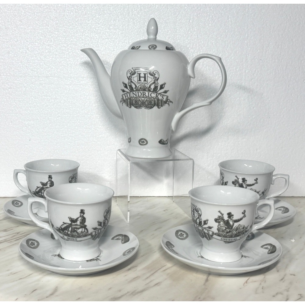 Hendricks Gin Porcelain Tea Set Teapot 4 Cups and Saucers Victorian Style White